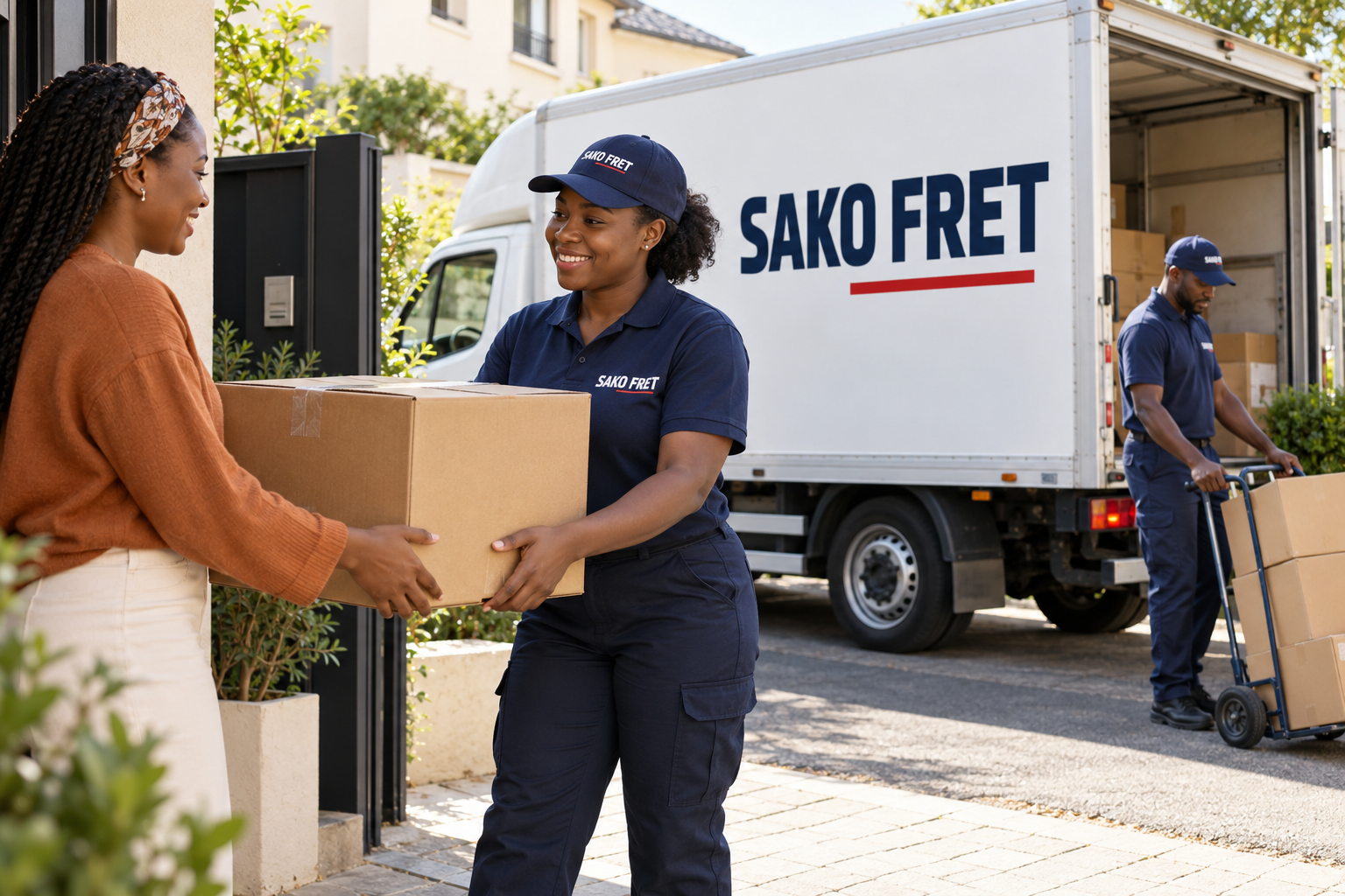 Illustration d’un camion marqué SAKO FRET et d’un enlèvement de colis chez une cliente